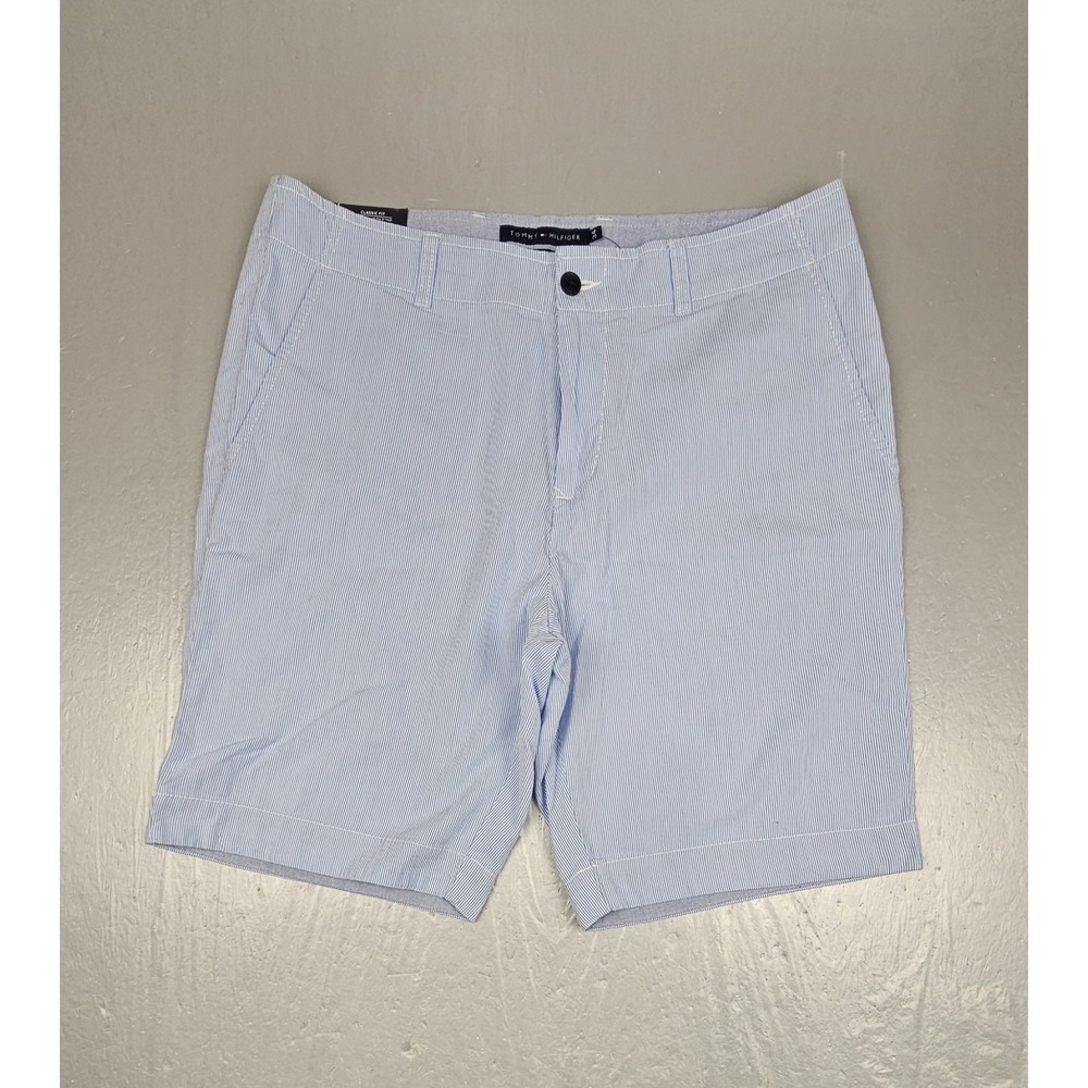 Tommy Hilfiger Seersucker Shorts Mens 34 Classic Fit Blue White Stripe Chino